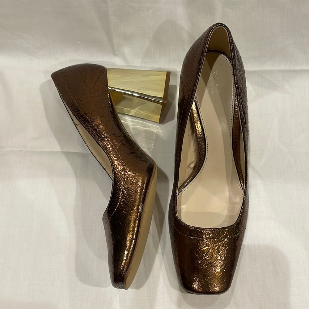 Zara Bronze Block Heel Pumps Square Toe